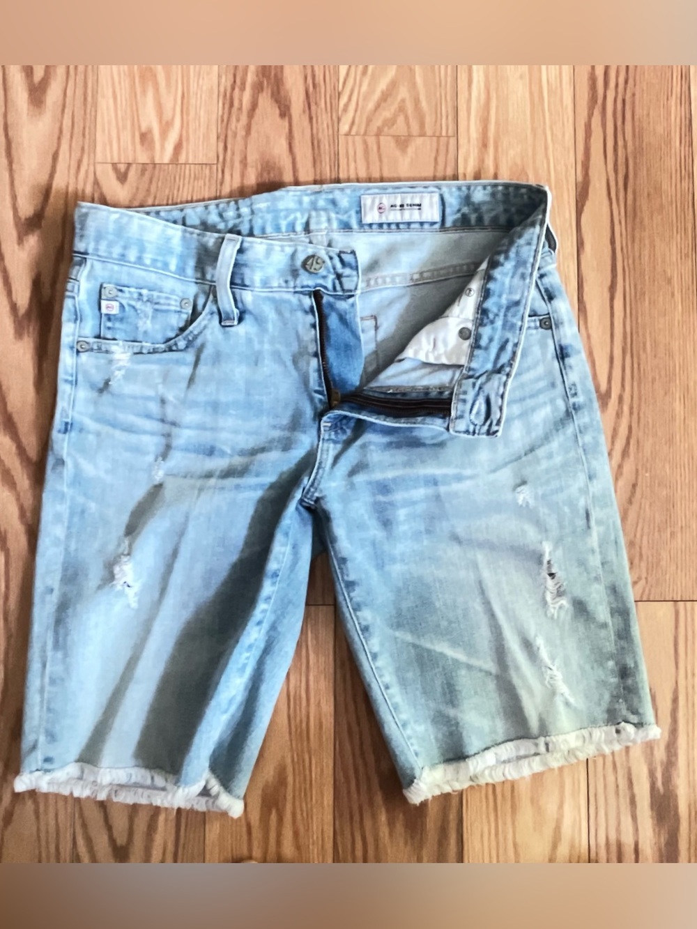AG Adriano Goldschmied Light Blue Distressed Denim Shorts Frayed Seems Size 27R